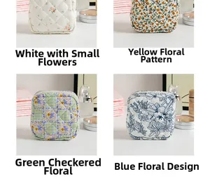 Quilted floral coin pouches in small flowers, yellow floral, green grid, and blue floral patterns