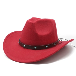 Red felt cowboy hat with turquoise-studded leather band and curved wide brim