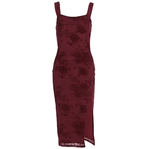 Detail of burgundy floral texture dress with wide straps and high side slit