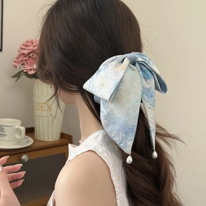 Van Gogh Starry Night Print Bow Hair Clip Satin Scrunchie With Faux Artificial Pearl Pendant Vintage French Elegant Hair Accessories