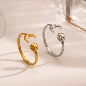 Sun Moon Adjustable Open Ring Stainless Steel Celestial Minimalist Fashion Jewelry Gift For Women Gold Silver Tone