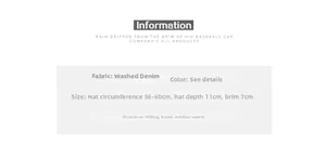Detailed chart showing washed denim baseball cap material and sizing 56-60cm circumference