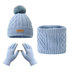 Kids Winter Knitted Beanie Hat Neck Warmer And Touch Screen Gloves Acrylic Fleece Lined Pom Pom Warmth Outdoor Accessories