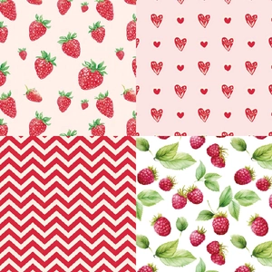 Scrapbook paper set with watercolor strawberries, floral hearts, and raspberry patterns