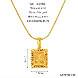 Macro detail of 18K gold-plated stainless steel necklace with relief alphabet letter A