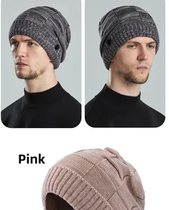 Detail of winter knit beanie showing textured checkered pattern and side button accents