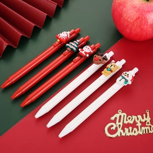 Christmas gel pen set with Santa, reindeer and snowman figures on a festive background