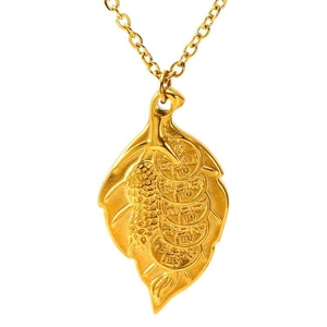 Detail of gold titanium leaf pendant necklace featuring peanut and coin embossed elements