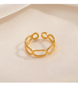 Detailed view of gold-plated stainless steel ring with hollow oval links and rope texture