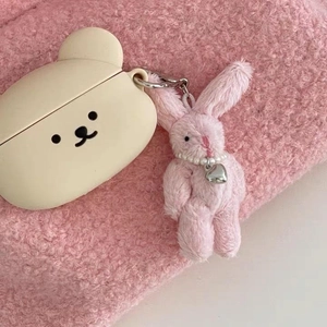 Cute bunny plush pendant with pearl necklace and cream silicone bear headphone case