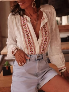 Boheemse witte geborduurde blouse met lange mouwen en lantaarnmouwen voor dames