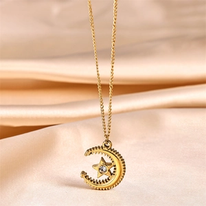 Fashion Stainless Steel Moon Star Pendant Necklace Gold Rhinestone Crescent Celestial Jewelry Gift For Men Women