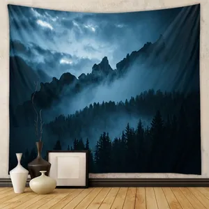 Misty Forest Mountain Tapestry Wall Hanging Deep Blue Polyester Fabric Decorative Background Cloth For Living Room Bedroom
