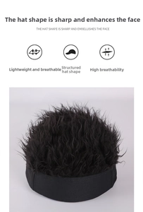 Detail of breathable canvas cap brim and fluffy black curly wig with neat stitching