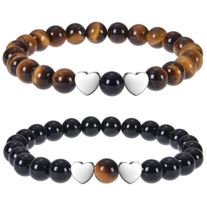 Natural Stone Tiger Eye Obsidian Beaded Couples Bracelet With Heart Charm Handmade Fashion Jewelry Gift For Men Women
