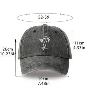 Washed cotton baseball cap with coconut tree embroidery and detailed size measurements