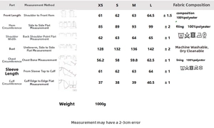 Detailed size chart and washing instructions for hooded winter jacket with faux fur trim