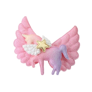 Sparkly unicorn hair clip with angel wings and gold star for girls in pink purple