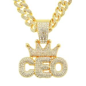 Hip Hop CEO Letter Pendant Necklace With Crown Alloy Rhinestone Iced Out Cuban Chain Fashion Jewelry For Men