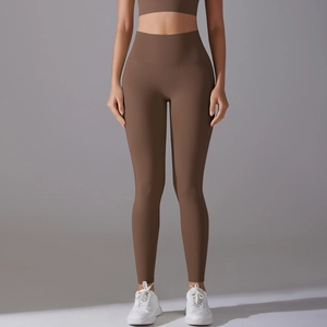 Front view of brown high-waisted seamless yoga leggings for women fitness and gym workout