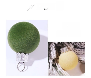 Close-up of 3cm flocked Christmas balls in green and yellow with silver hanging caps