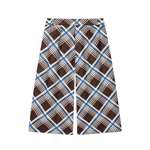 Pantalon large à carreaux marron et bleu style vintage, vue à plat sur fond blanc