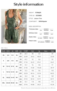 Detailed size guide and material specification table for printed bohemian halter jumpsuit
