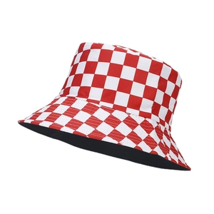 Reversible bucket hat with classic red and white checkerboard pattern and black lining