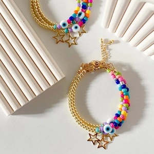 Bohemian 18K gold plated multi-layer beaded bracelet with evil eye and star charms