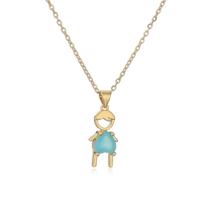 Gold plated necklace with boy pendant and light blue heart crystal on white background