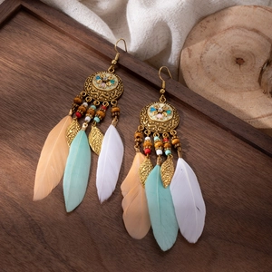 Macro view of bohemian feather earrings with intricate beadwork and floral alloy discs