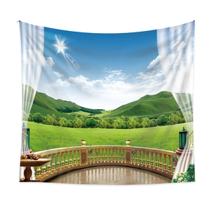 European balcony landscape wall tapestry featuring green hills and sunny blue sky