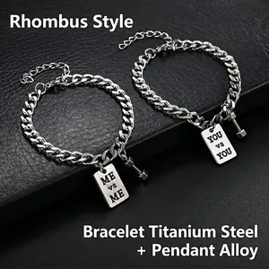 Men's titanium steel dumbbell bracelet with 'ME vs ME' and 'YOU vs YOU' metal tags
