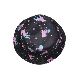 Black bucket hat featuring colorful unicorn and star patterns for outdoor hip hop style