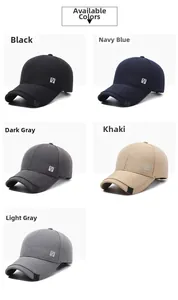 Detailed view of baseball caps in black navy grey and khaki showing fabric textures