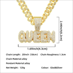 Iced out QUEEN pendant necklace with crystal alloy cuban chain in gold and silver finish