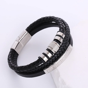 Men's multilayer black braided leather bracelet with silver stainless steel magnetic clasp