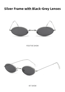 Retro oval sunglasses with slim silver metal frame and dark grey lenses in two views