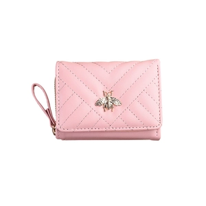 Pink quilted PU leather tri-fold wallet for women with golden bee metal accent
