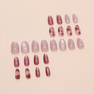 Kit de faux ongles œil-de-chat élégants aux motifs floraux violets et rouges nacrés