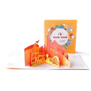 Exquisite 3D pop-up greeting card featuring a detailed Hong Kong city skyline and bus