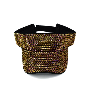 Detail of adjustable velcro closure on black sun visor hat with sparkling gold rhinestones