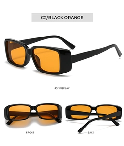 Drei Ansichten der rechteckigen Sonnenbrille mit dicken schwarzen Rahmen und orangefarbenen Gläsern