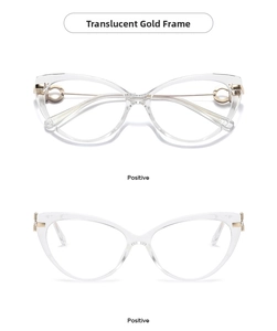 Front view of two cat-eye glasses frames in lucency gold with metal accents