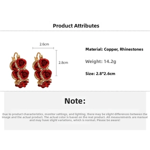Detail view of retro painted rose hoop earrings with crystal inlay and dimensions