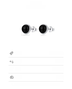 Macro detail of S925 sterling silver black onyx studs showing dimensions and S925 stamp