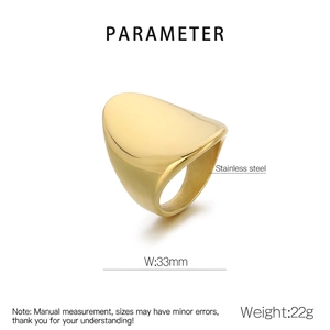 Macro detail of golden stainless steel shield ring showing 33mm width and 22g weight