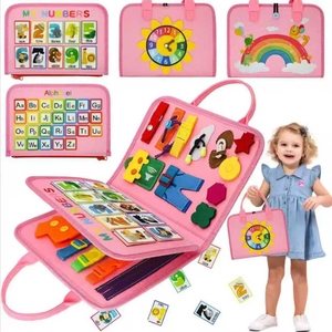 Pink felt busy board for toddlers featuring alphabet, numbers and fine motor skills training