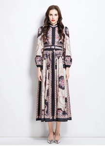 Detailed view of Baroque print maxi dress with stand collar and belted waist design