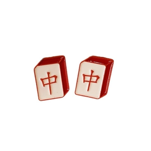 Festive red Mahjong style stud earrings with red and white glaze finish on white background